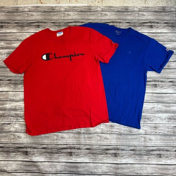 Lot of 2 Champion Men's Short Sleeve T Tee Shirts Blue Red M Med Medium Crewneck - Picture 1 of 15